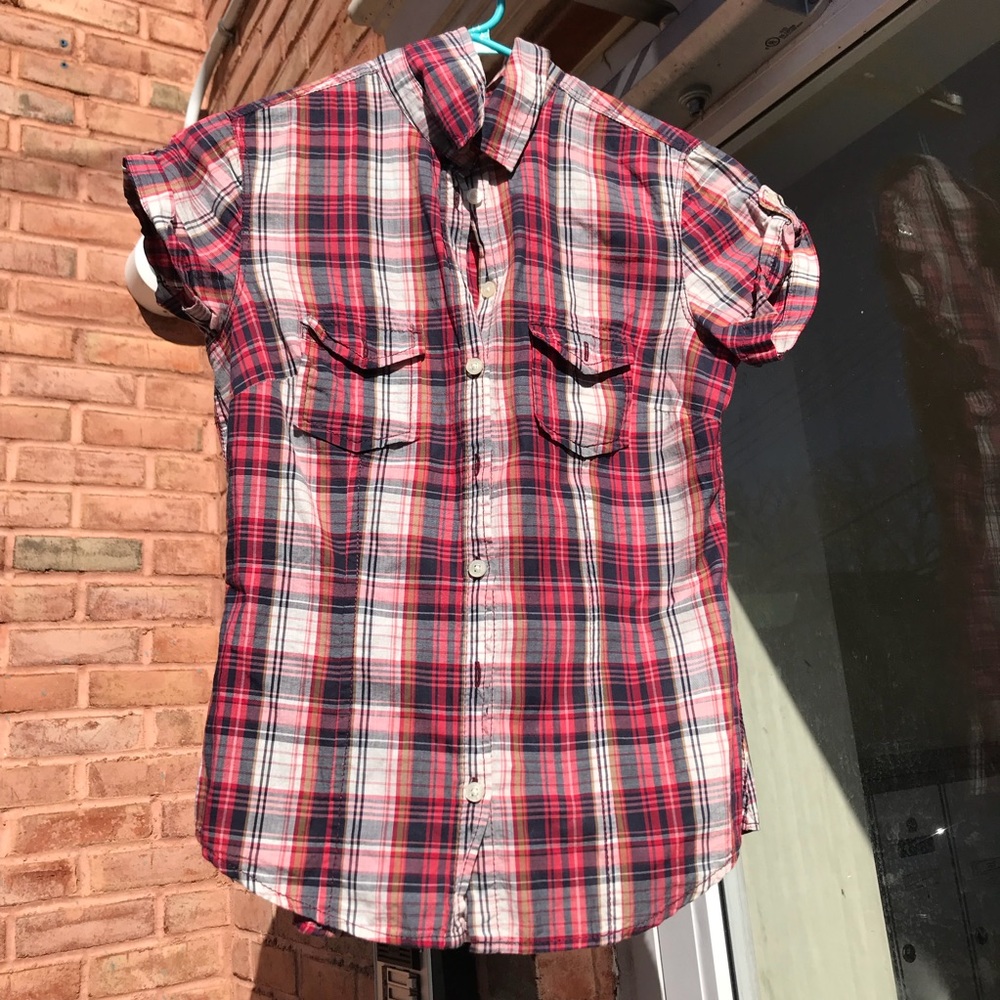 Plaid Red, Blue & White button up color top, H&M.